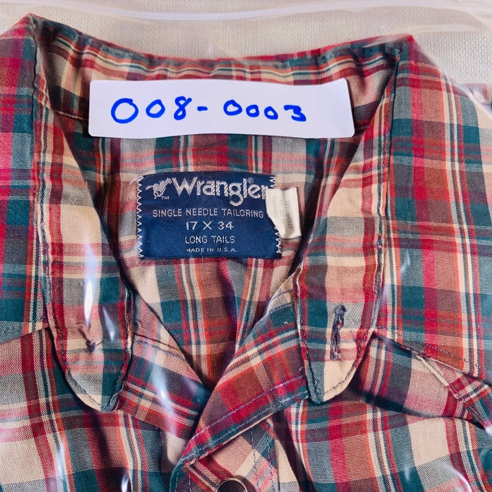 Wrangler Men's Plaid Long‎ Tails Western Black Snap Shirt Red Green - Picture 9 of 9